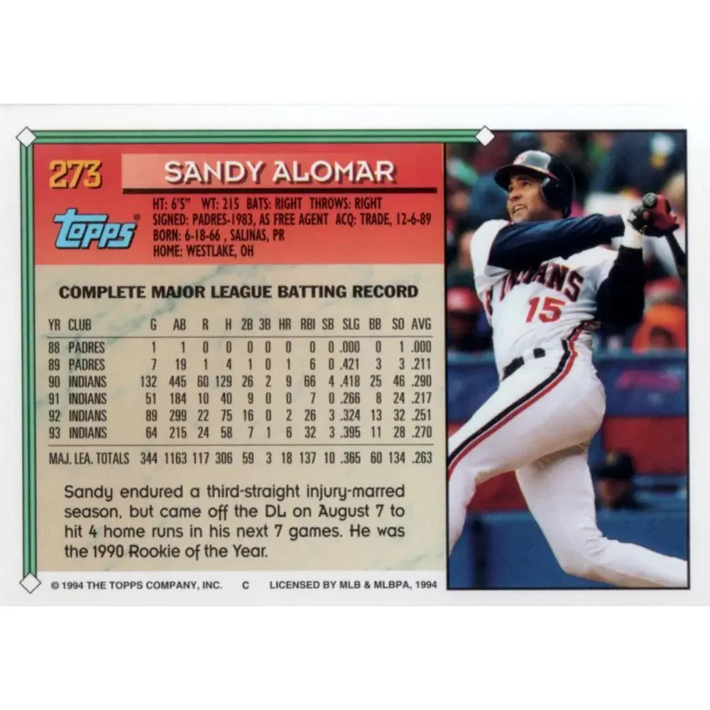 1994 Topps Sandy Alomar # 273 Cleveland Indians